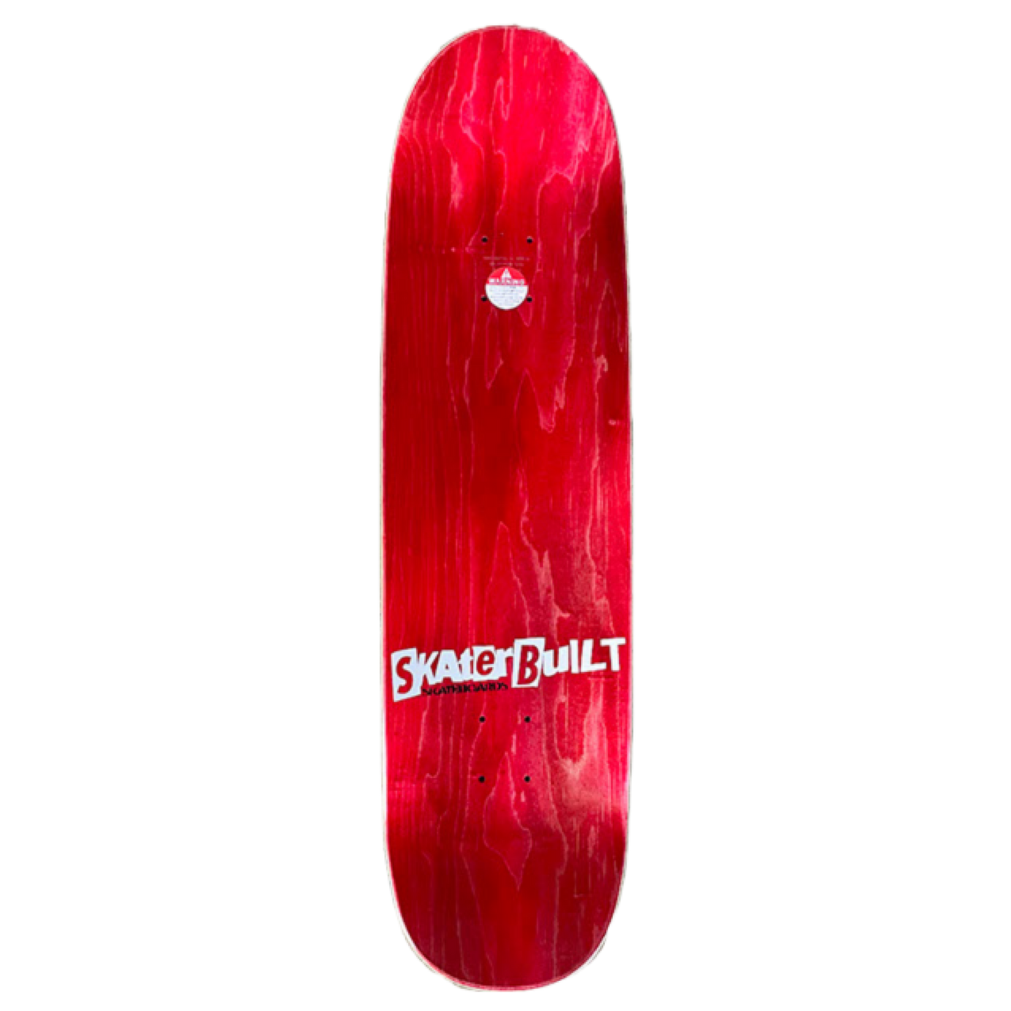 Top view of Skaterbuilt Full-Size Punk Logo skateboard deck, bright red wood finish with Skaterbuilt Skateboards branding
