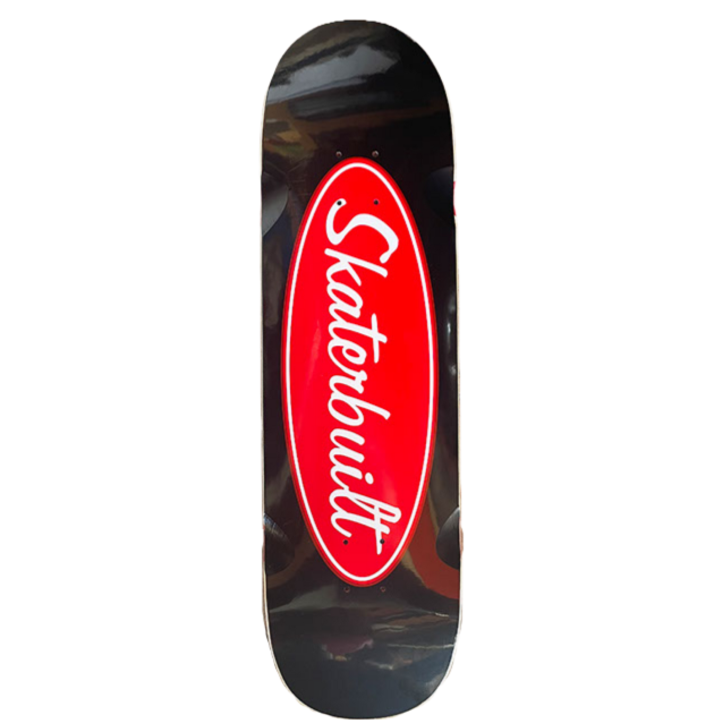 Skaterbuilt Full-Size Trucker Logo skateboard deck, black Formica bottom with large red Skaterbuilt emblem