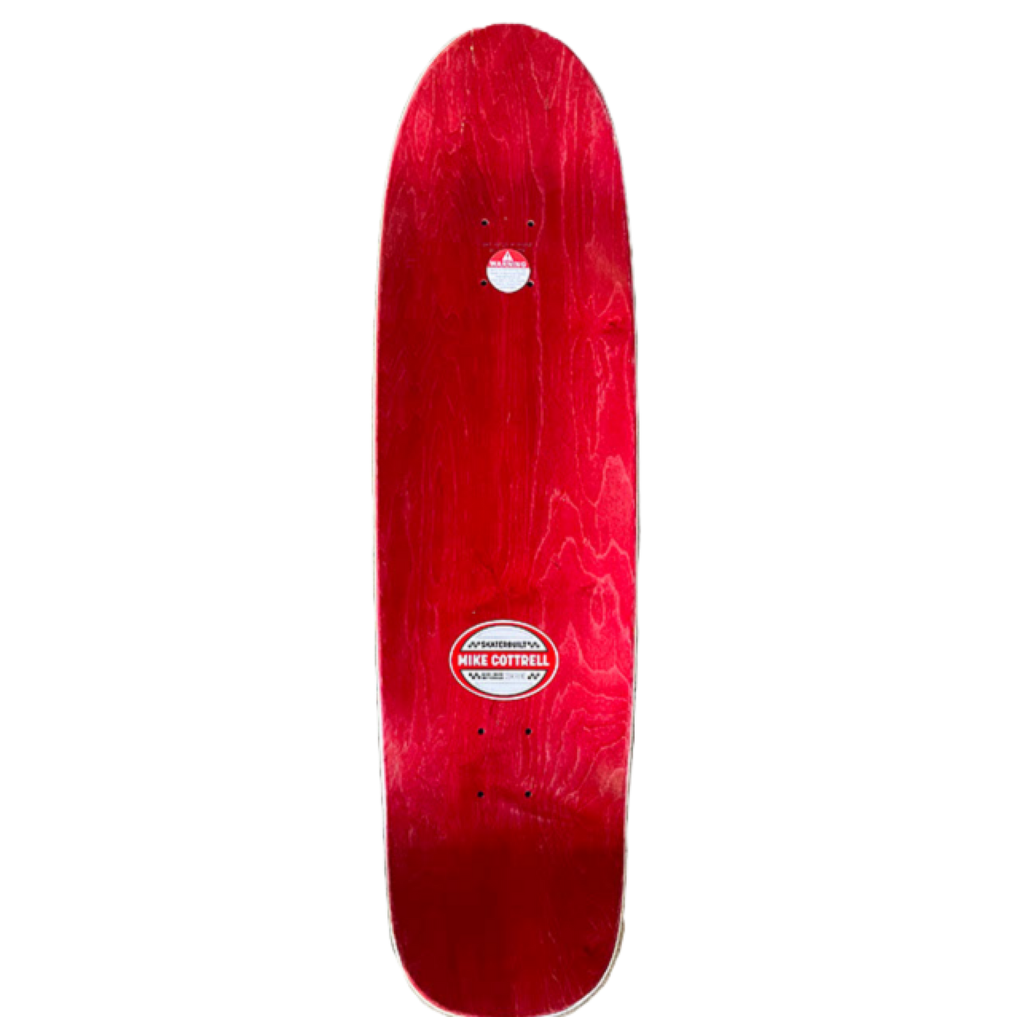 Top view of Skaterbuilt x Mike Cottrell Surf/Skate Brotherhood deck, red wood finish with Mike Cottrell logo