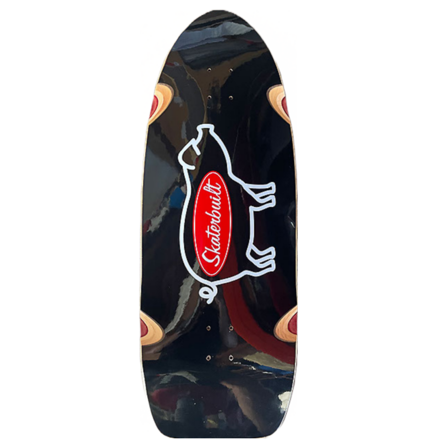 Skaterbuilt OG Pig skateboard deck, 12 inch wide, black bottom with pig outline and red Skaterbuilt logo