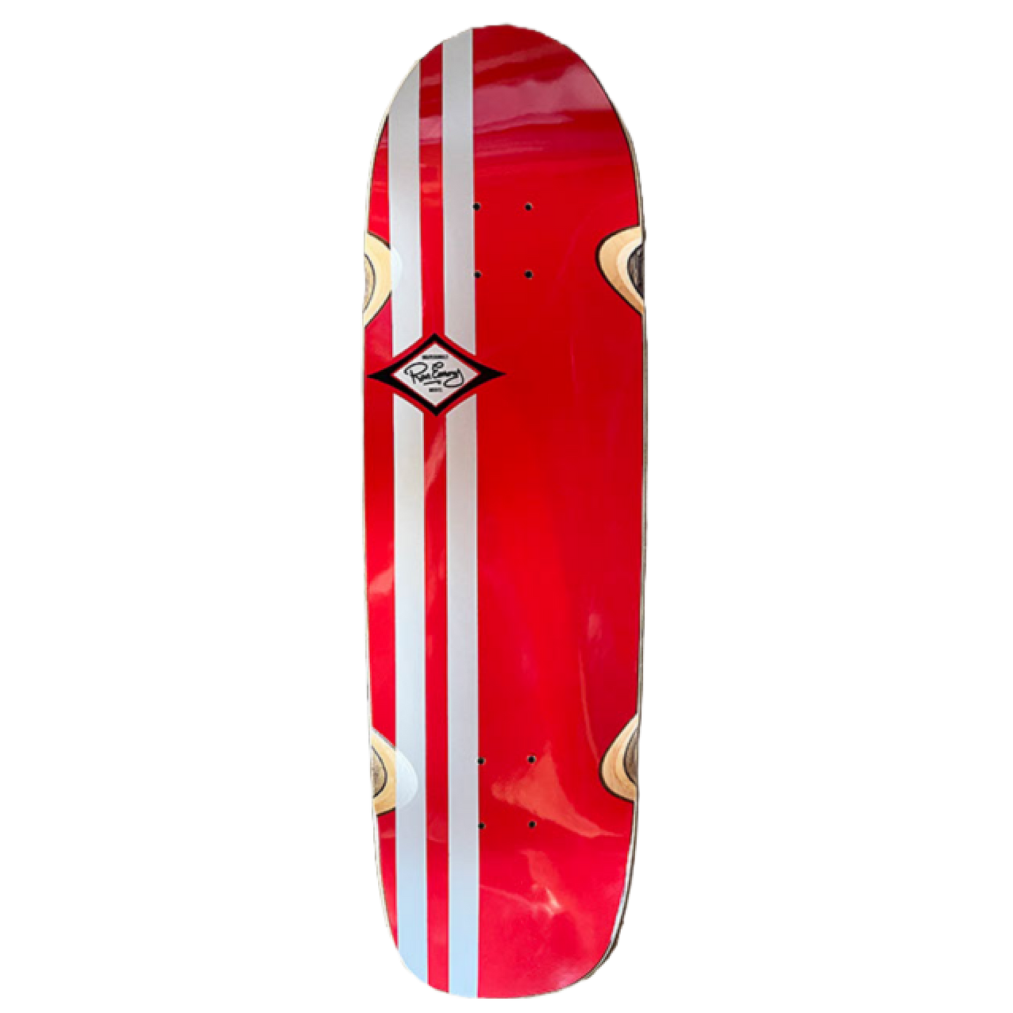 Skaterbuilt Ron Emory Tribute skateboard deck, bright red bottom with vertical stripes and Ron Emery decal