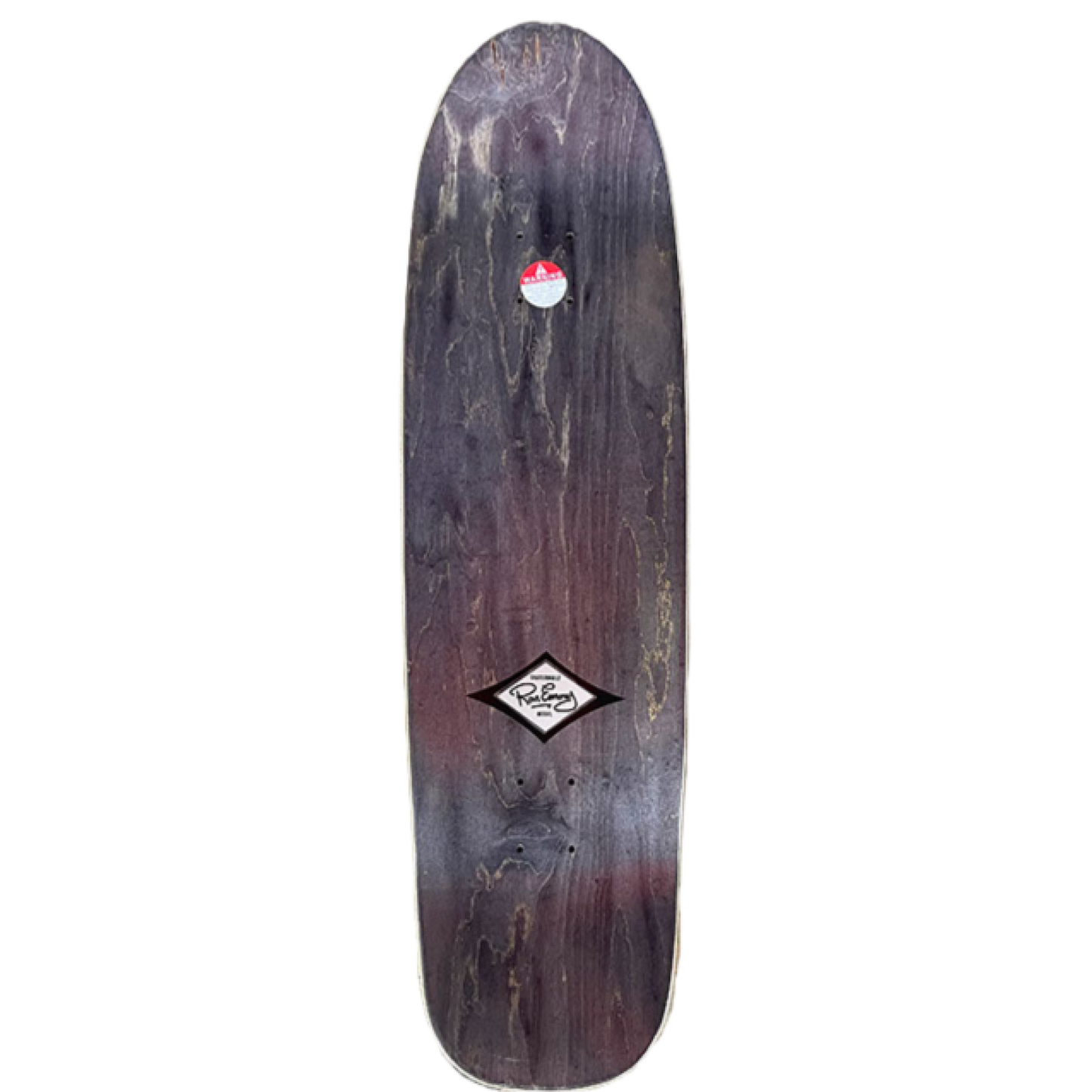 Top view of Skaterbuilt Ron Emory Tribute skateboard deck, dark wood finish with Ron Emery decal