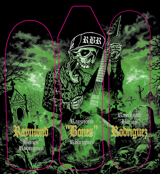 Raymond "Bones" Rodriguez × Skaterbuilt Collab — Limited Edition Skateboard Deck Collection - Deck One from the 3-part collectors series. The “Raymond Bones Coffin”