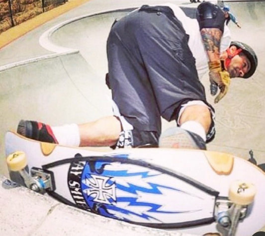 Jay Smith riding the VI pro skateboard deck with white Formica bottom in a concrete bowl – limited edition signed model
