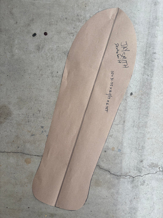 Jay Smith VI pro skateboard deck outline template, 10 inch wide classic shape – white Formica limited edition model
