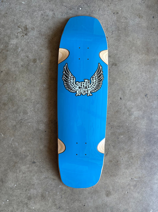 Skater Built x Death Racer 413 collaboration skateboard deck, matrix gloss blue with winged logo and 413 design