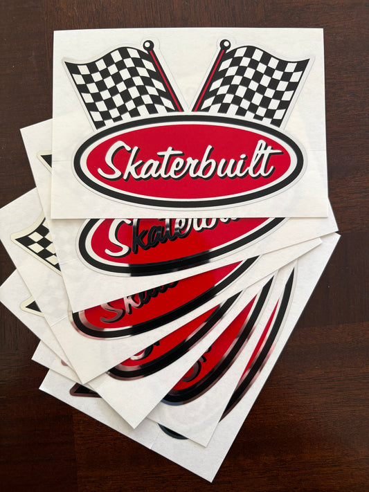 Stack of six Skater Built chrome racing decals, 3.5 inch stickers with Indy 500 checkered flag design