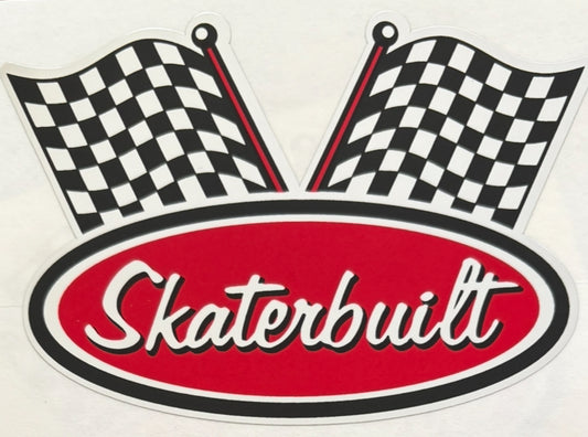 Skater Built chrome racing decal, 3.5 inch sticker with red oval, black ring, and checkered racing flags