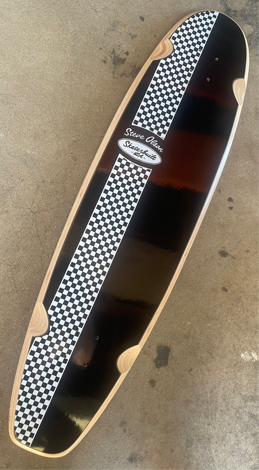 Skaterbuilt x Steve Olson Noserider longboard with black base and checkered stripe, autographed limited edition