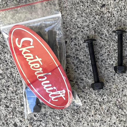 Skaterbuilt Bolts skateboard hardware, truss head bolts in plastic bag with Skaterbuilt sticker