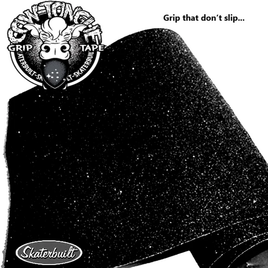 Skaterbuilt Cow Tongue Grip Tape roll with “Grip That Don’t Slip” and Cow Tongue logo, 12 inch width high-grit skateboard tape