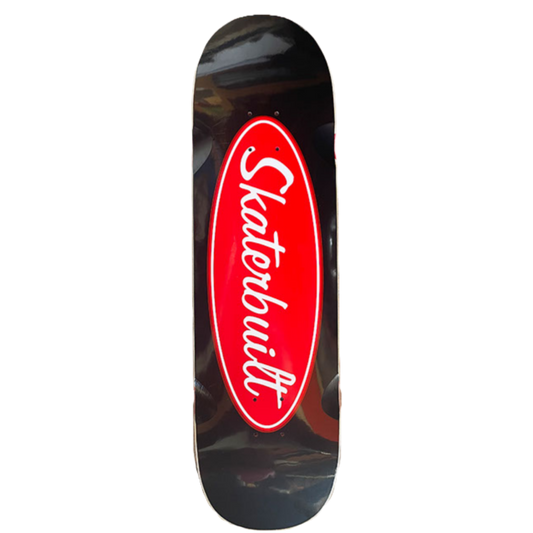 Skaterbuilt Full-Size Trucker Logo skateboard deck, black Formica bottom with large red Skaterbuilt emblem