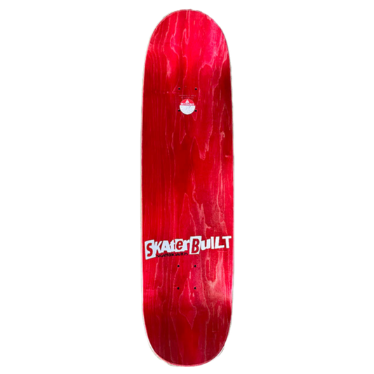Top view of Skaterbuilt Full-Size Trucker Logo skateboard deck, bright red wood finish with horizontal Skaterbuilt logo