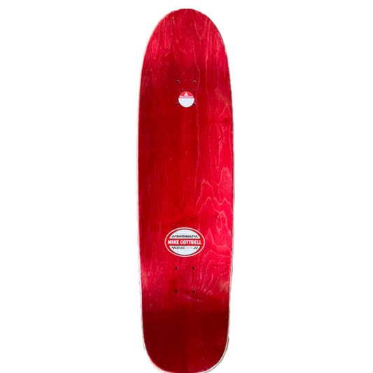 Top view of Skaterbuilt x Mike Cottrell Surf/Skate Brotherhood deck, red wood finish with Mike Cottrell logo