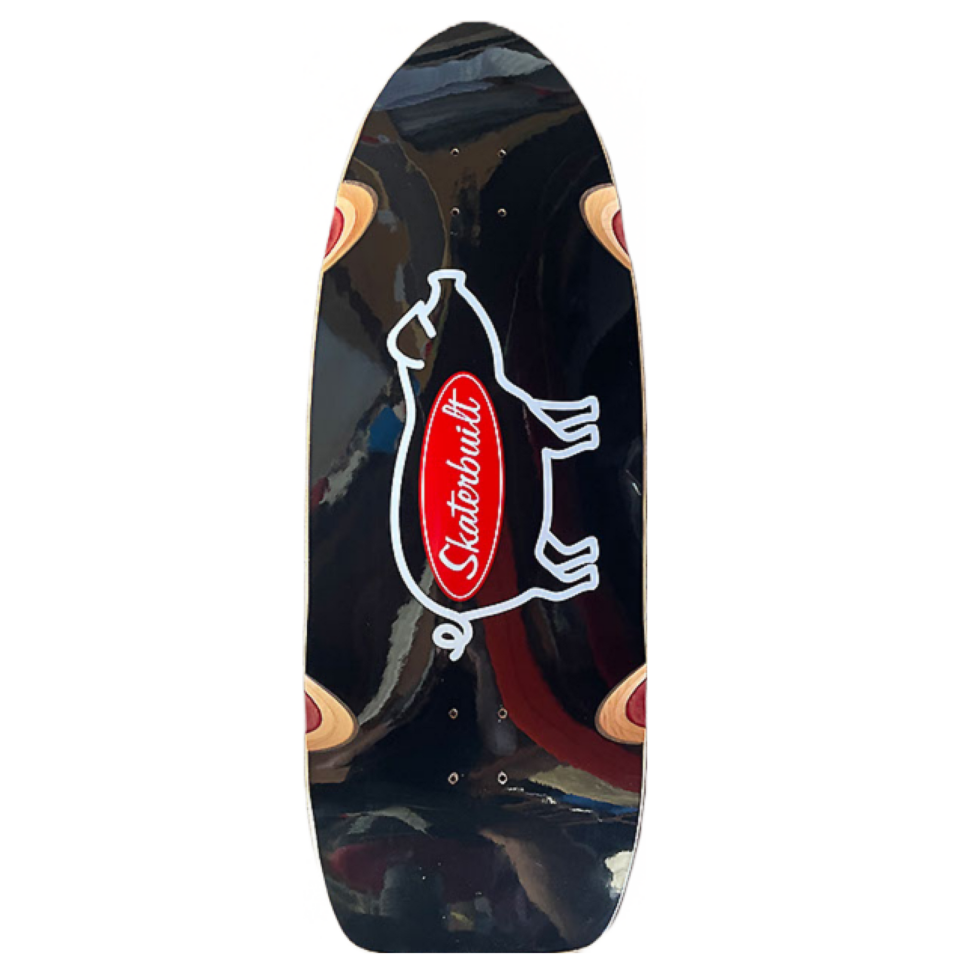 Skaterbuilt OG Pig skateboard deck, 12 inch wide, black bottom with pig outline and red Skaterbuilt logo