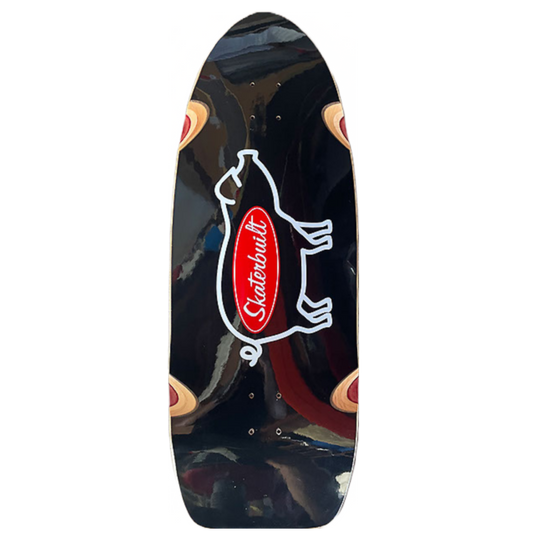 Skaterbuilt OG Pig skateboard deck, 12 inch wide, black bottom with pig outline and red Skaterbuilt logo