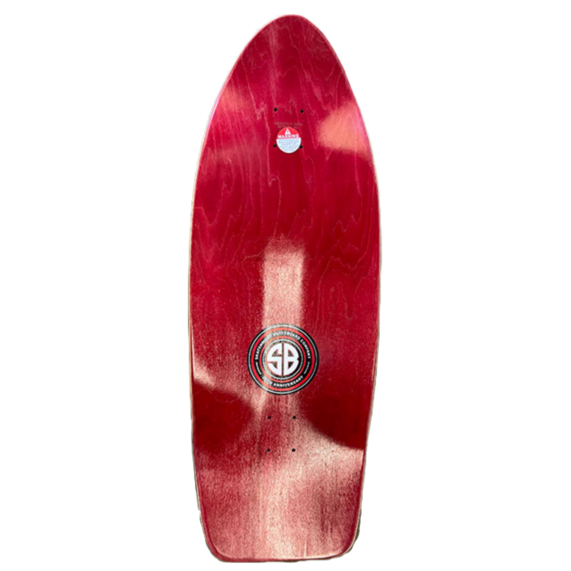 Top view of Skaterbuilt OG Pig skateboard deck, red wood finish with Skaterbuilt emblem