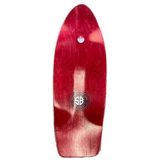 Top view of Skaterbuilt OG Pig skateboard deck, red wood finish with Skaterbuilt emblem