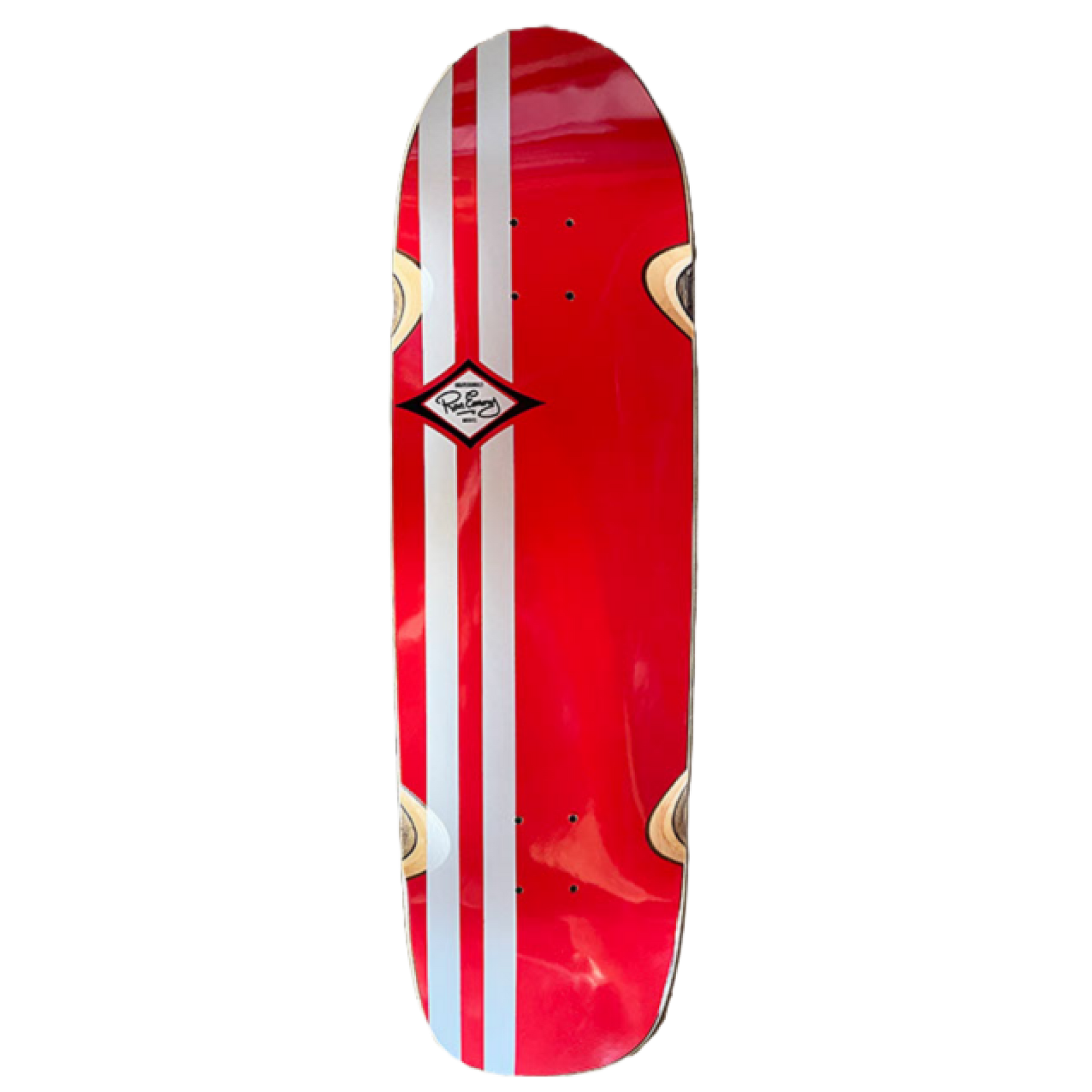 Skaterbuilt Ron Emory Tribute skateboard deck, bright red bottom with vertical stripes and Ron Emery decal