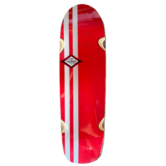 Skaterbuilt Ron Emory Tribute skateboard deck, bright red bottom with vertical stripes and Ron Emery decal