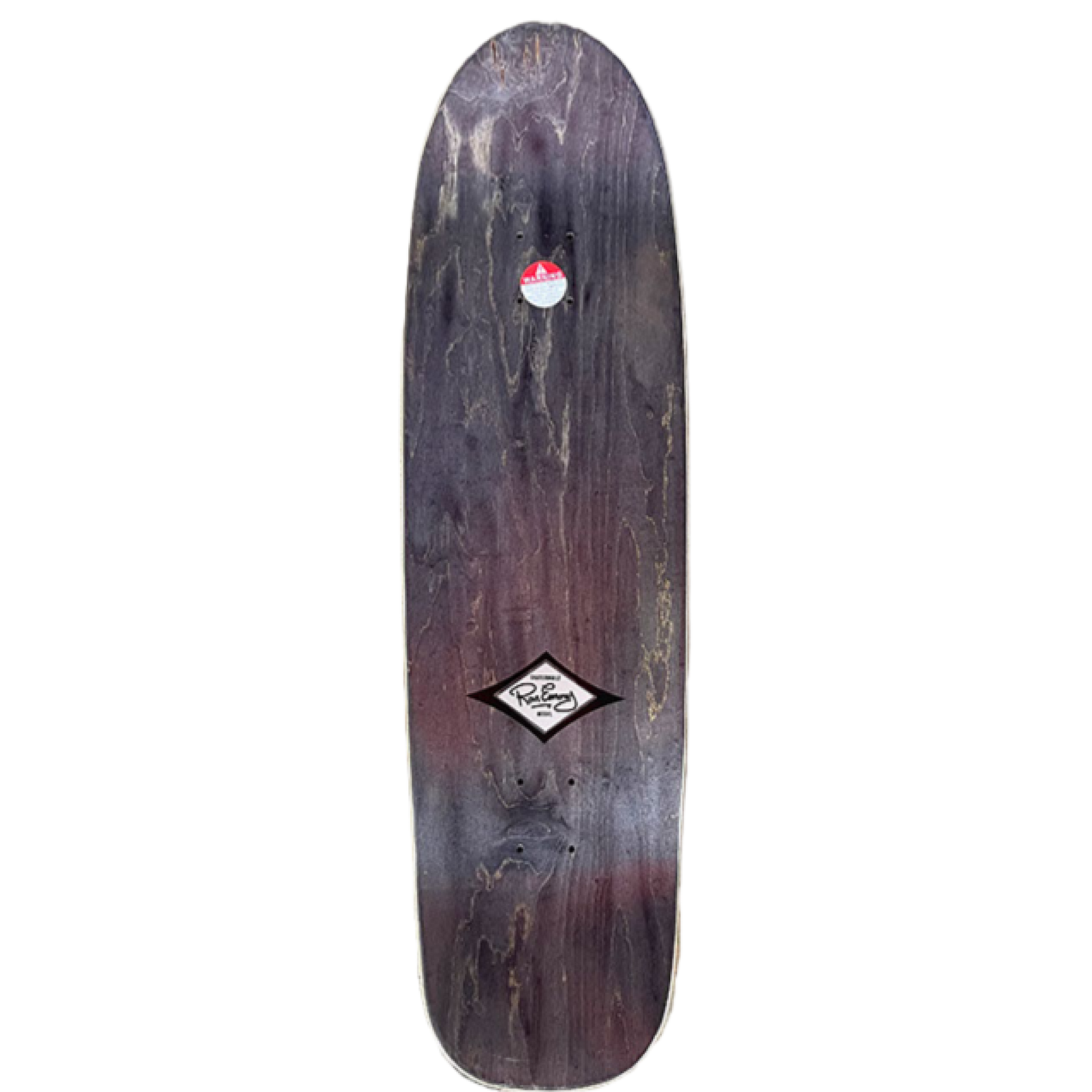 Top view of Skaterbuilt Ron Emory Tribute skateboard deck, dark wood finish with Ron Emery decal