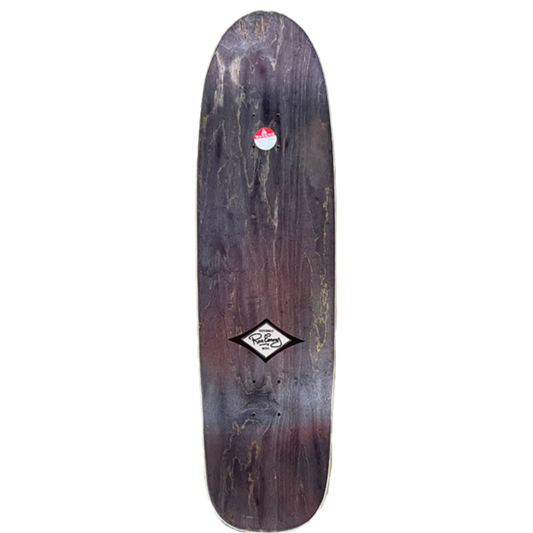 Top view of Skaterbuilt Ron Emory Tribute skateboard deck, dark wood finish with Ron Emery decal